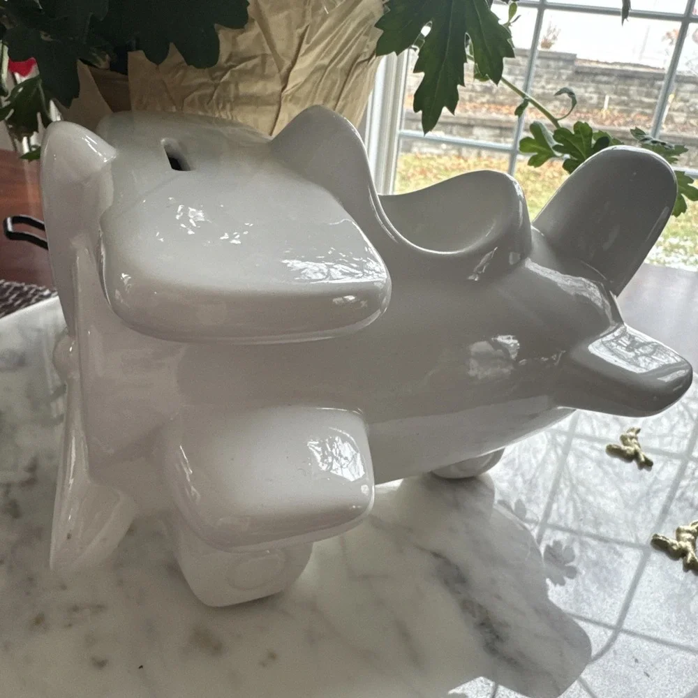 Large White Ceramic Airplane Piggy Bank – Modern Aviation Nursery Decor Gift